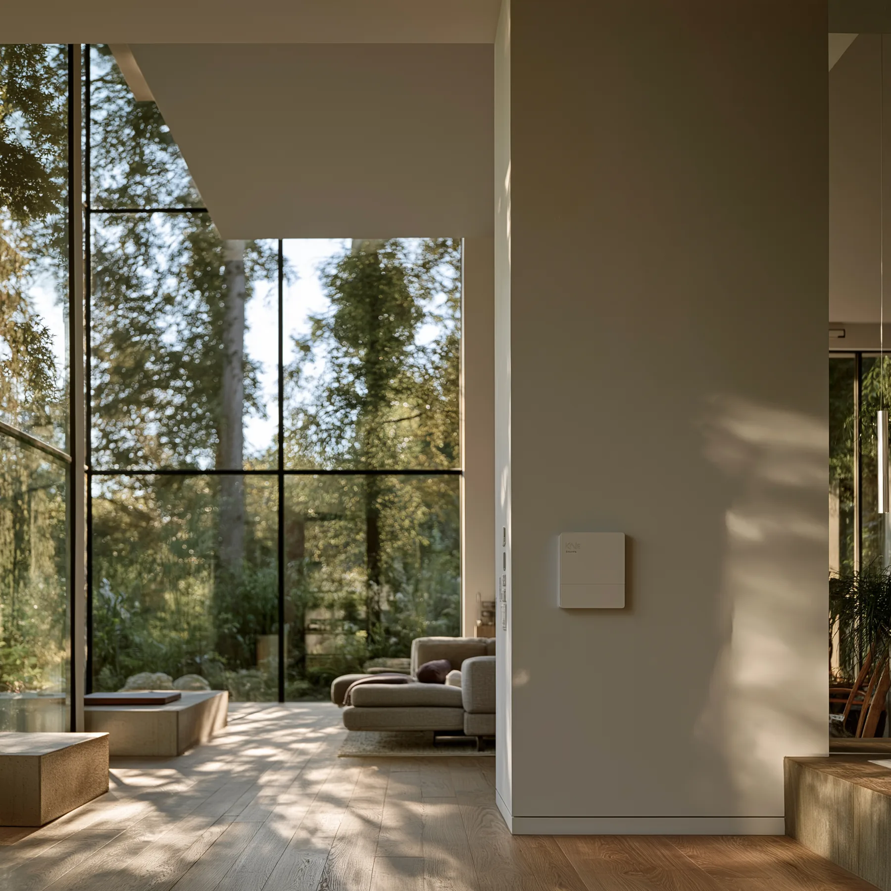 Contemporary living room bathed in light, KNX switch on the wall