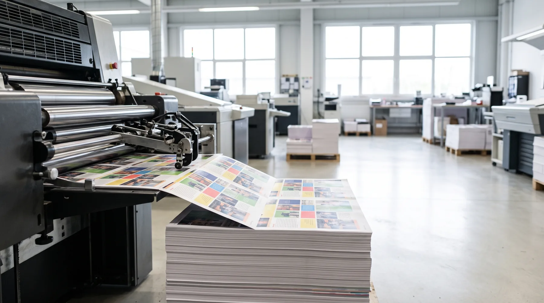 Offset printing press and stacks of freshly printed pages
