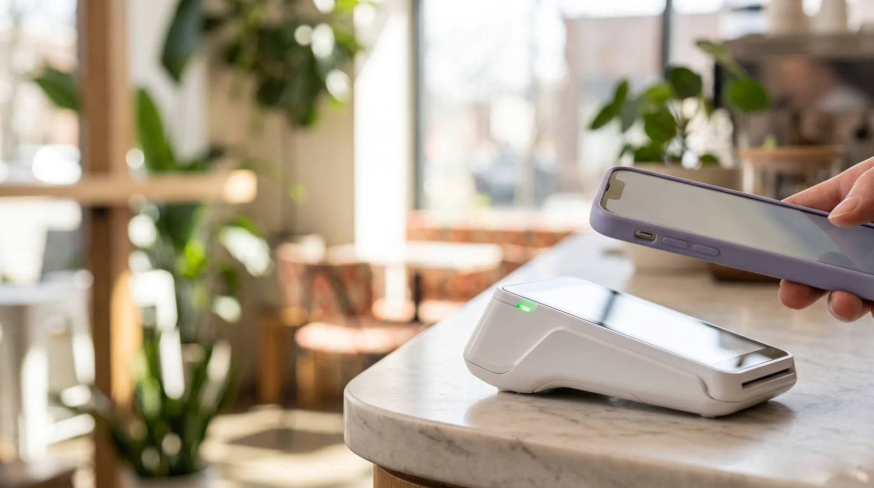 Contactless payment with a phone in a bright café