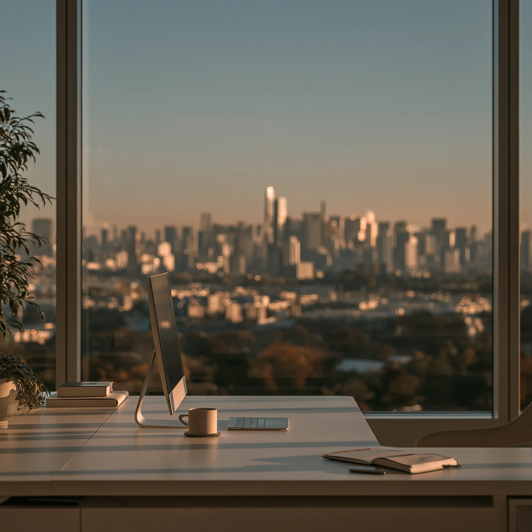 Bright office facing the city at sunset
