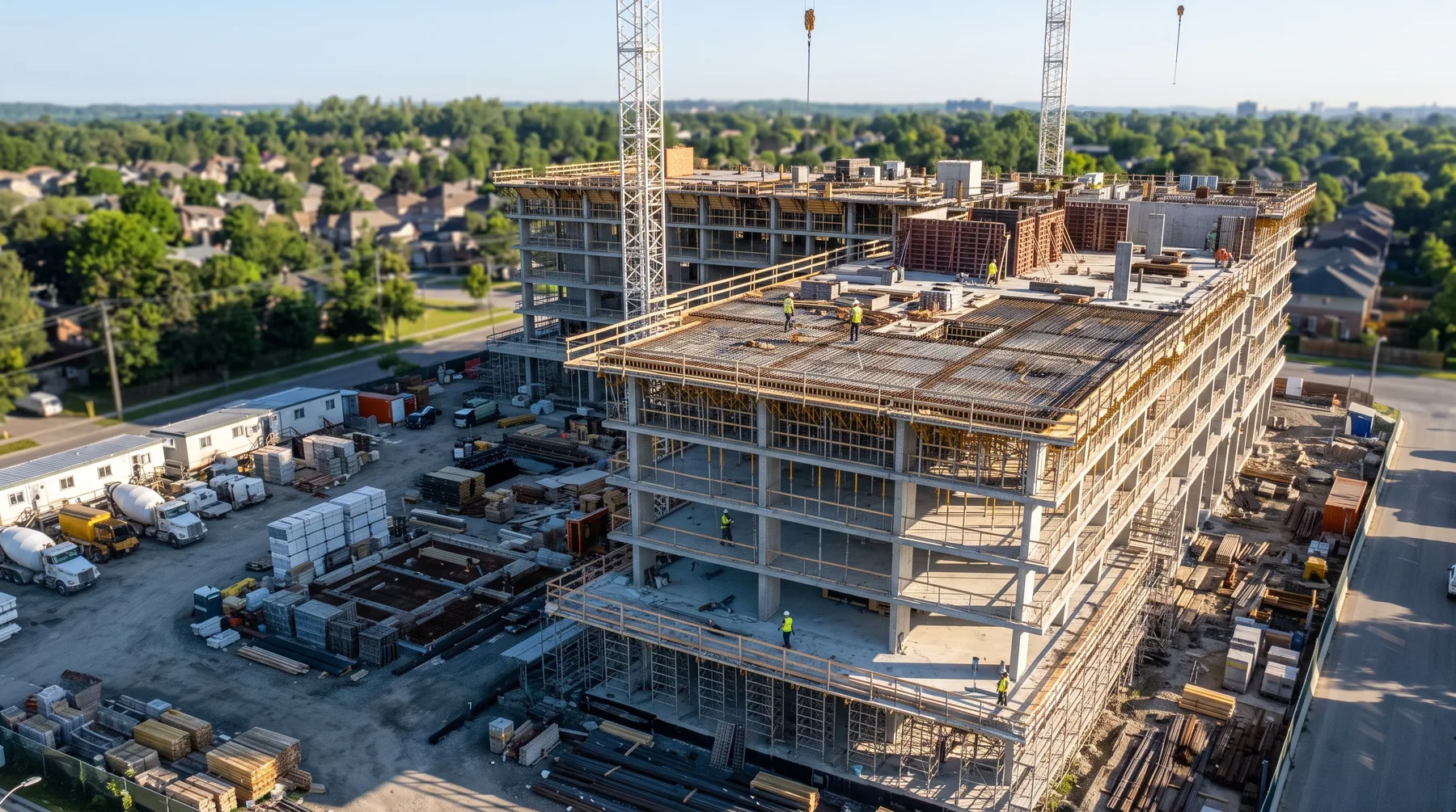 Housing construction site seen from the air, cranes and concrete slabs