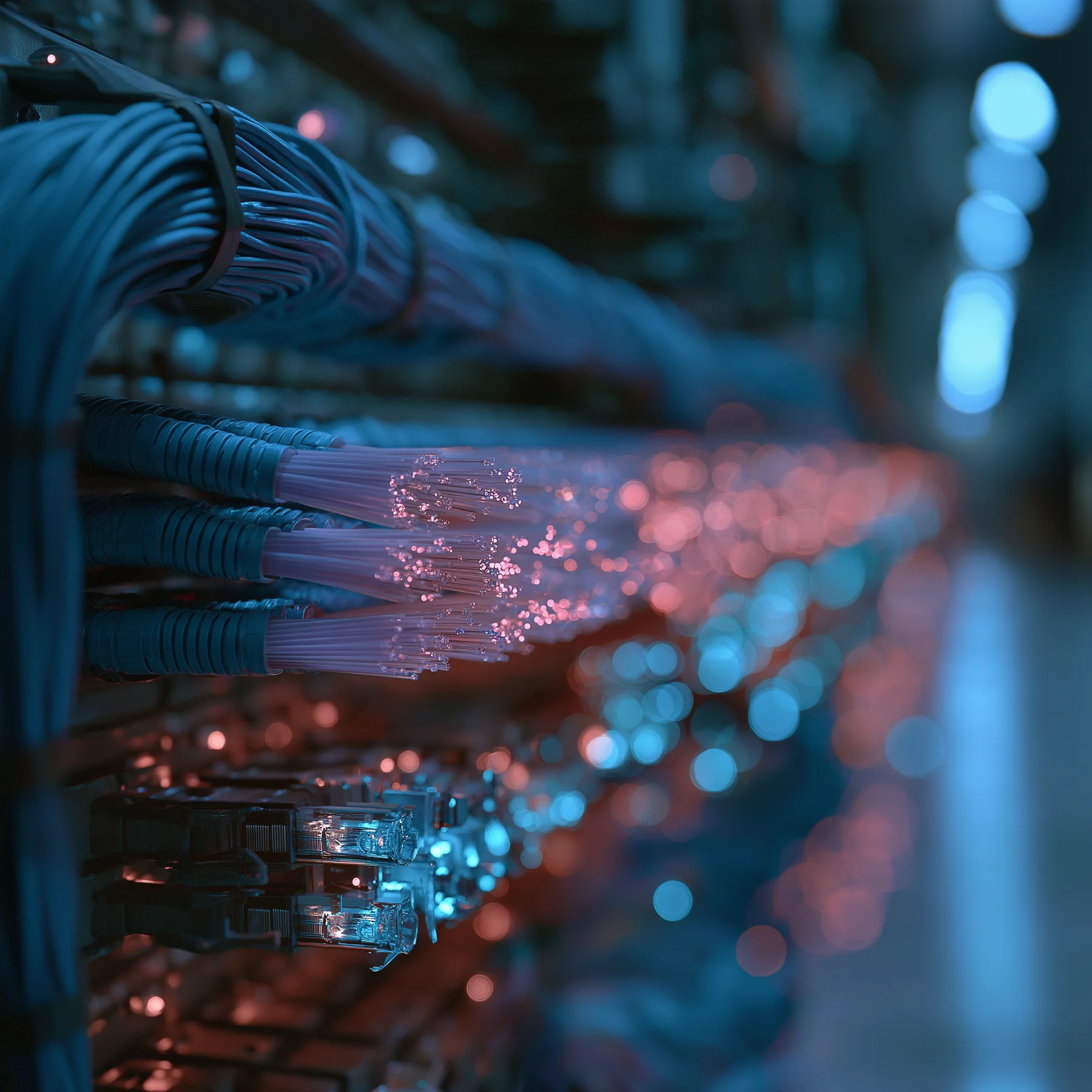 Haces de fibra óptica y cables de red en un centro de datos