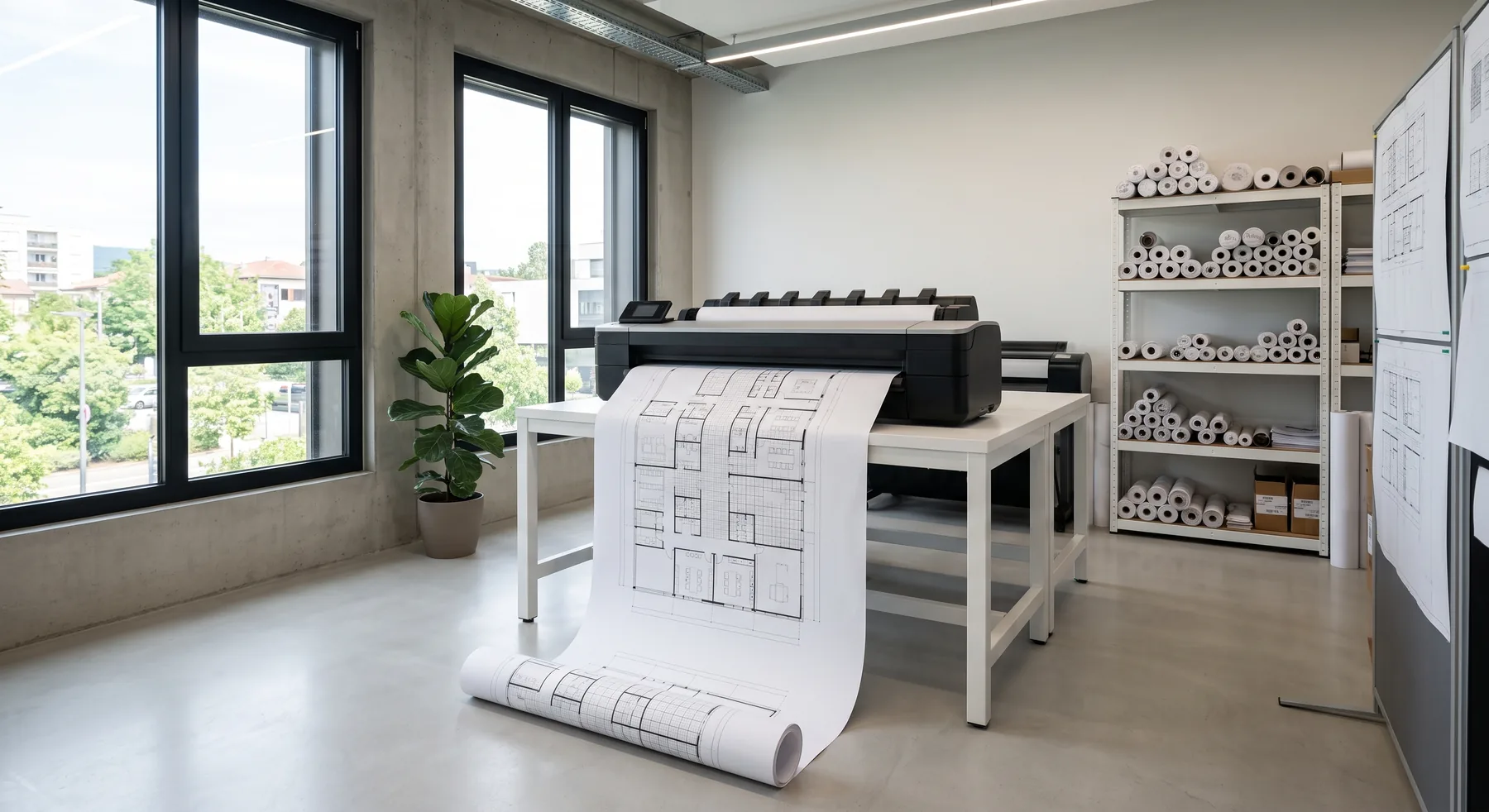 Plóter de gran formato imprimiendo planos de arquitectura